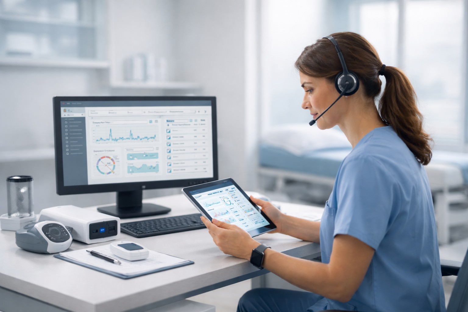 Healthcare professional reviewing remote patient monitoring data to support chronic care management between office visits