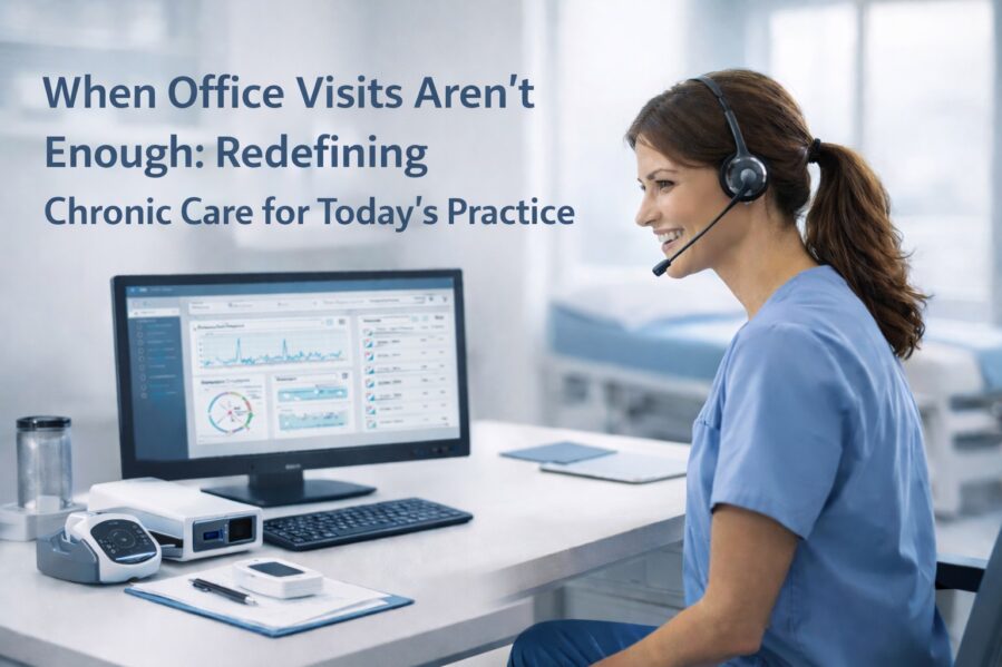 Healthcare professional reviewing remote patient monitoring data to support chronic care management programs between office visits