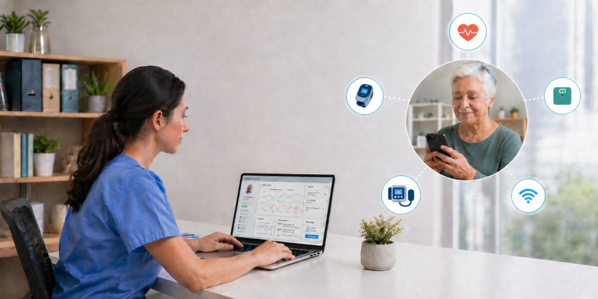 Remote care nurse reviewing remote patient monitoring data to support a structured chronic care management program