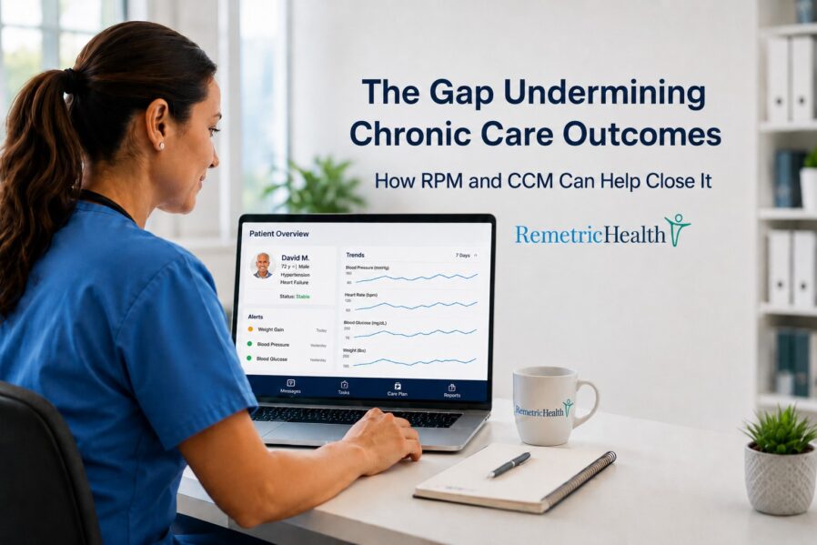 Nurse reviewing remote patient monitoring data to support patient engagement in chronic care management