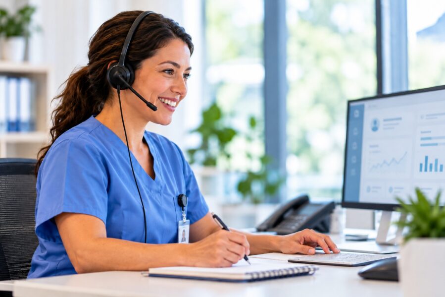 Clinical nurse coordinating patient care and supporting chronic disease management through remote monitoring and patient follow-up.